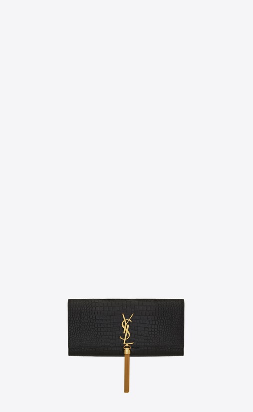 kate tassel clutch nera in coccodrillo stampato